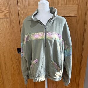 Free People Olive Green Half-Zip Pullover with Iridescent Trim
